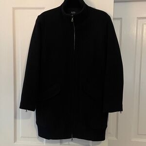 A.P.C. Classic Navy zip-up wool coat with elastic thick ribbing at hem. Size S